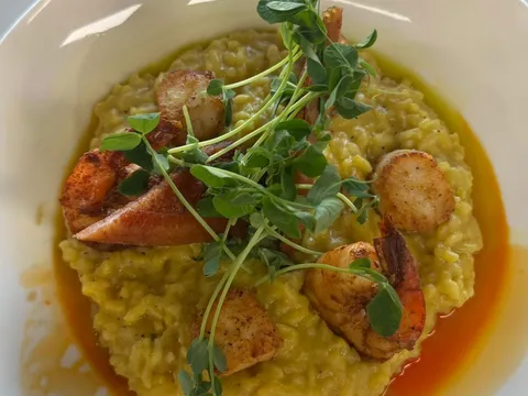 Seafood risotto with seared scallops and shrimp