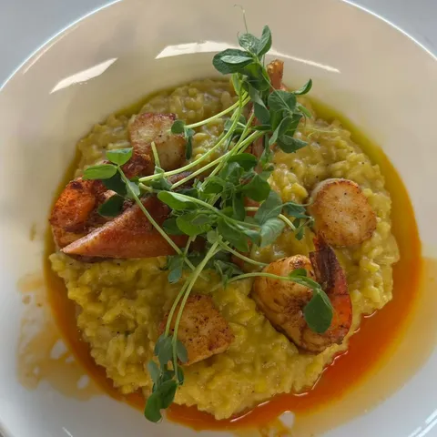Seafood risotto with seared scallops and shrimp